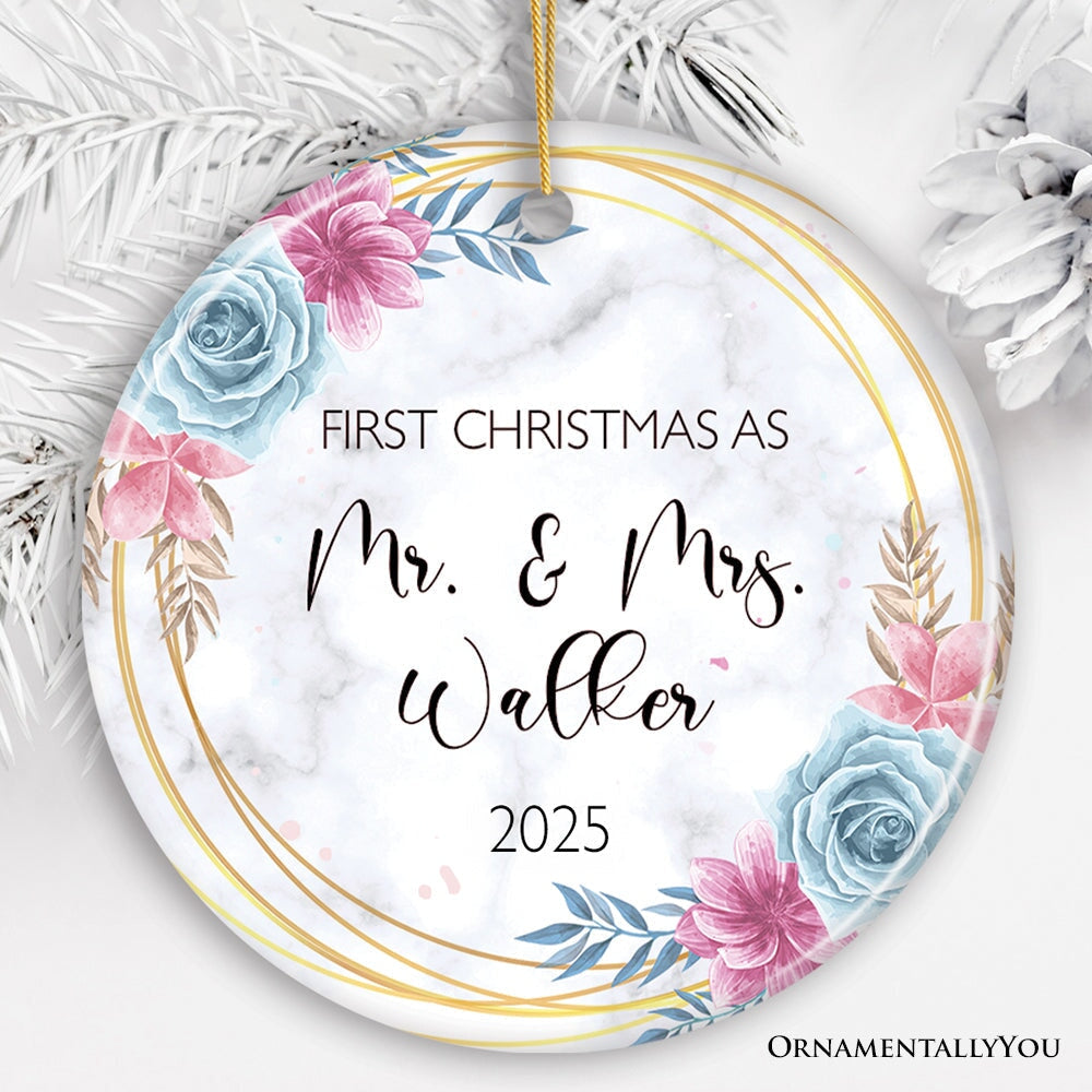 First Christmas As Mr. and Mrs. Personalized Ornament, Marble Watercolor Flowers Round Frame