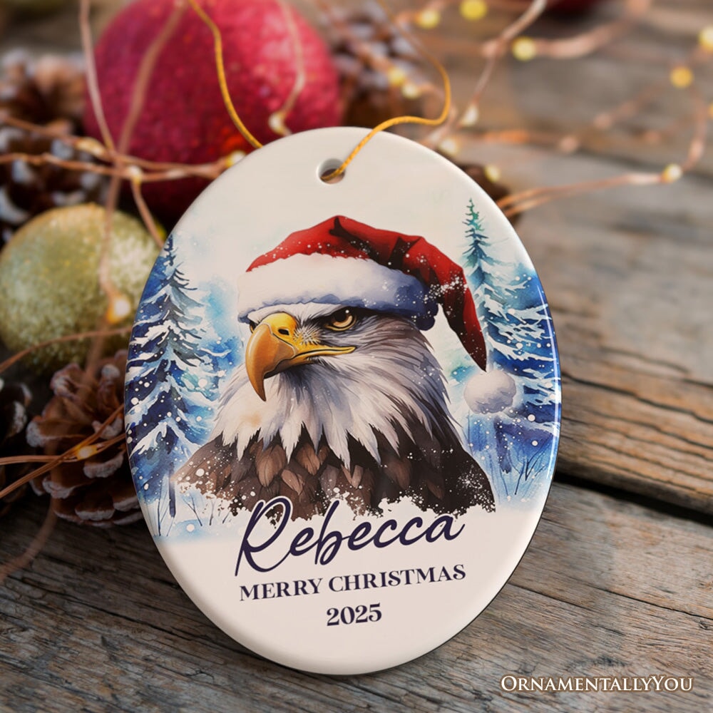 American Bald Eagle with Santa Hat Personalized Ornament, Winter Forest Christmas Gift With Custom Name and Date