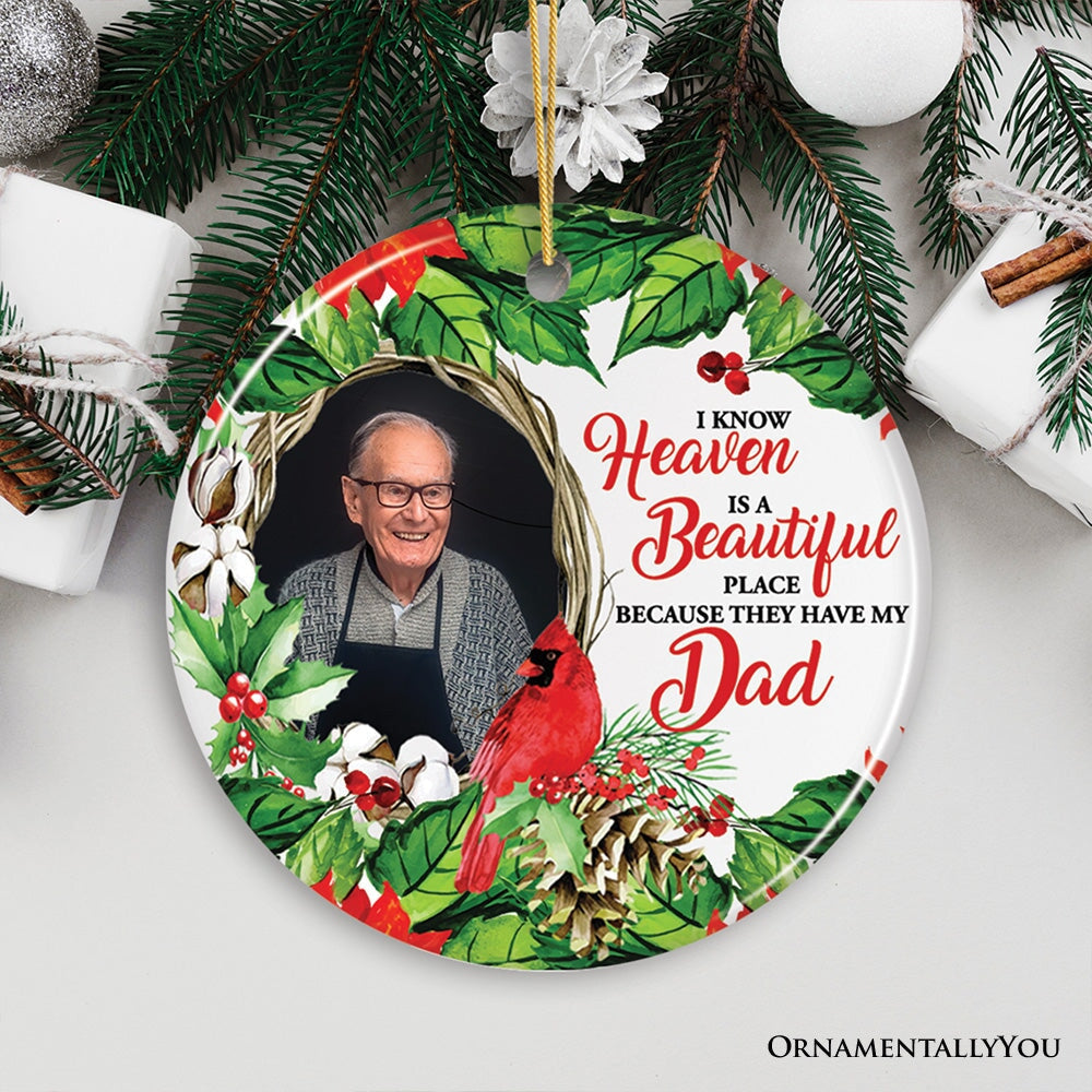 Deceased Family Wreath Portrait Personalized Ornament, Heaven is a Beautiful Place Quote with Cardinal Art