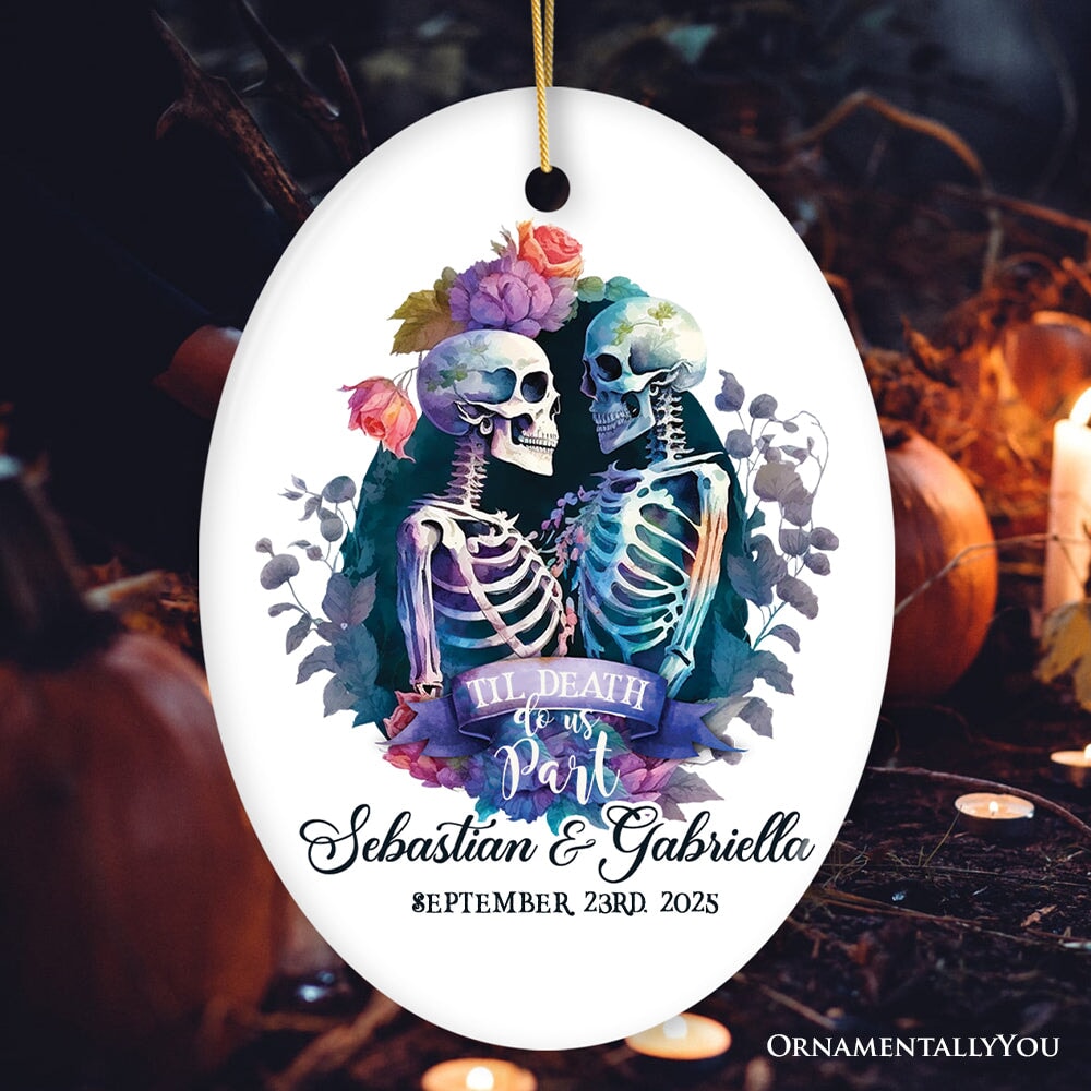 Artistic Watercolor Wedding Personalized Ornament, Til Death Do Us Part Skeleton Love Custom Gift
