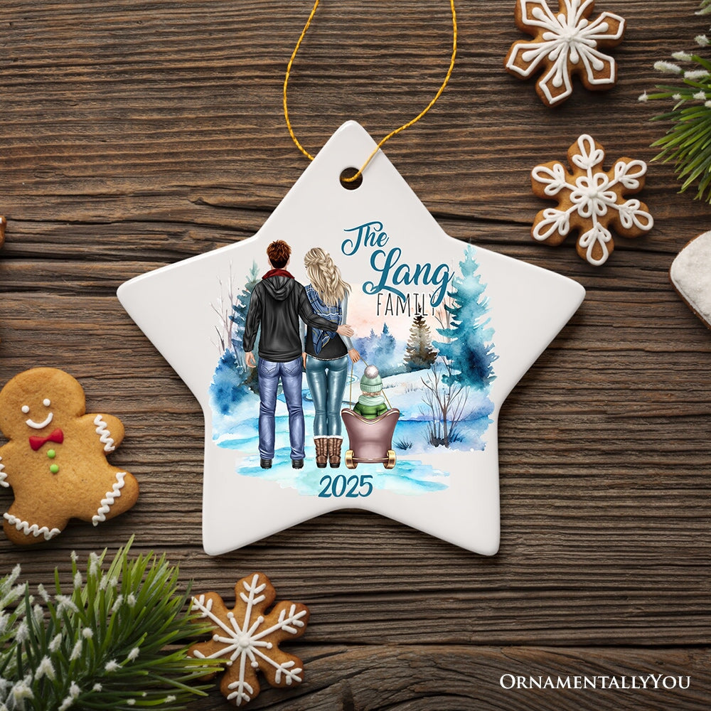 Family of Three Winter Holiday Personalized Gift, Parents & Baby on Sleigh Custom Christmas Ornament