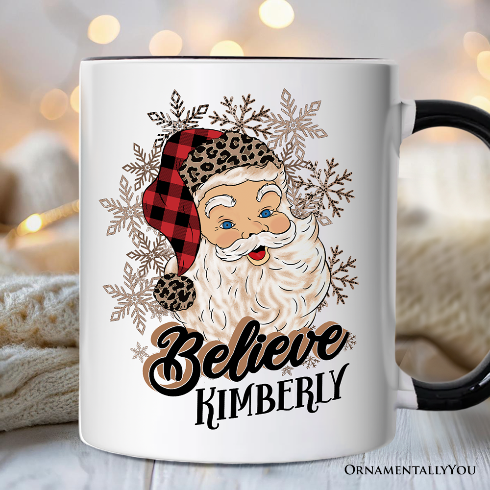 Believe Santa Buffalo Plaid Personalized Mug, Retro Christmas Gift with Custom Name