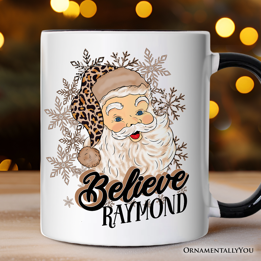 Believe Santa Cheetah Leopard Personalized Mug, Retro Christmas Gift with Custom Name