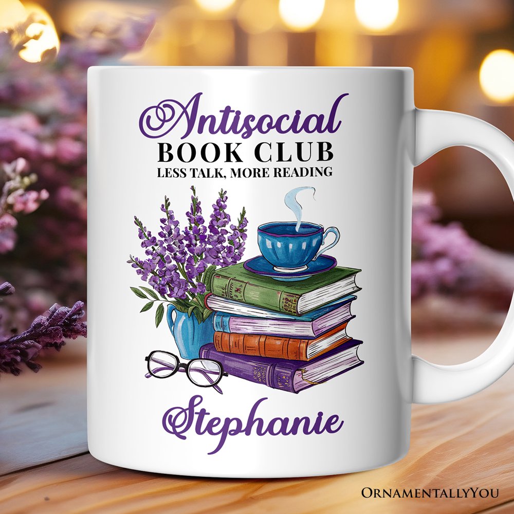 Lavender Antisocial Book Club Personalized Mug, Custom Gift with Name For Book Lovers