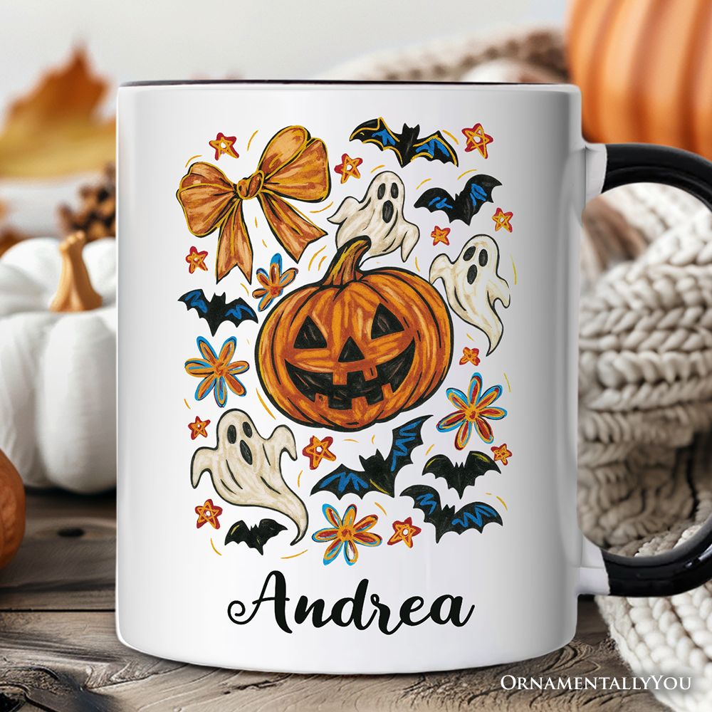 Pumpkin Ghosts Coquette Bow Personalized Mug, Retro Fall Spooky Gift with Custom Name