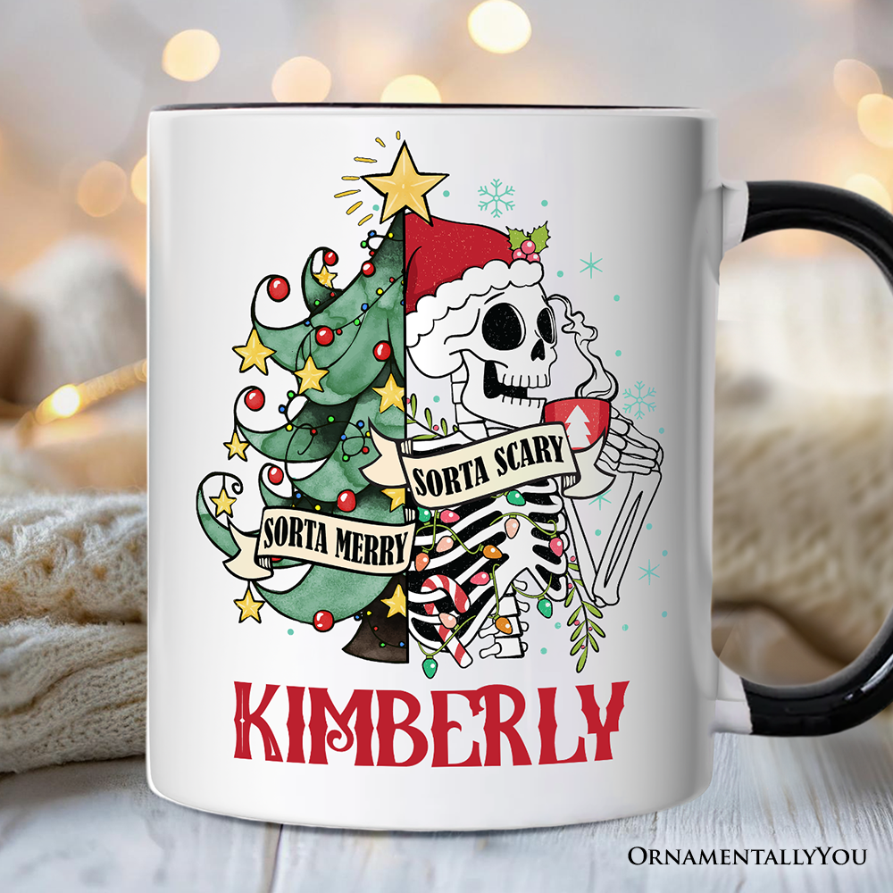 Sorta Merry Christmas Skeleton Personalized Mug, Sarcastic Holiday Gift with Custom Name