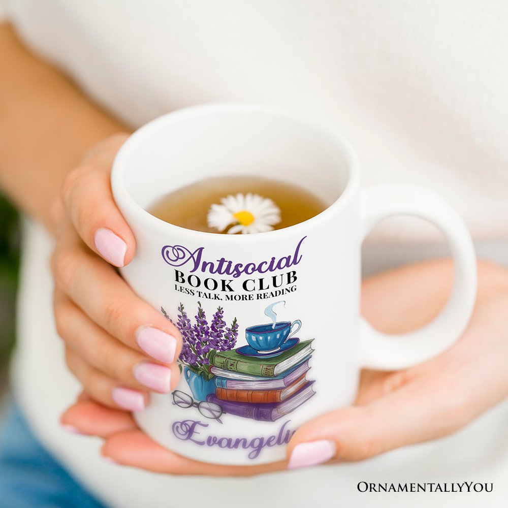 Lavender Antisocial Book Club Personalized Mug, Custom Gift with Name For Book Lovers