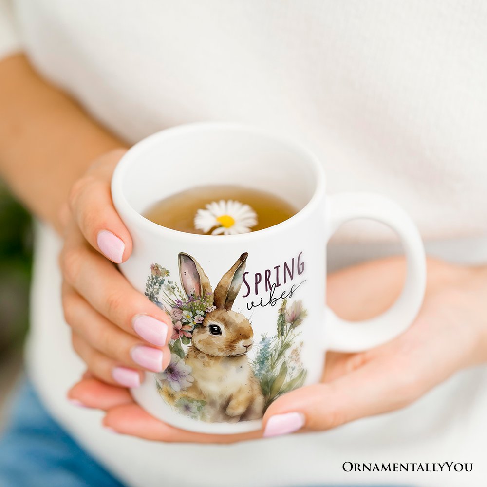 Artistic Watercolor Spring Vibes Personalized Mug, Floral Bunny Custom Gift with Name