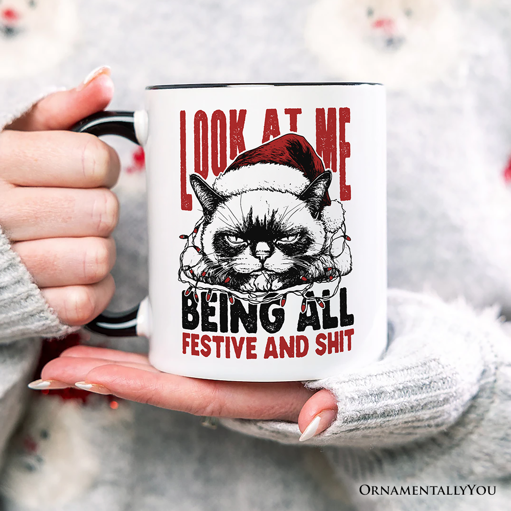 Grumpy Christmas Cat Personalized Mug, Funny Santa Hat Holiday Lights Gift for Sarcastic Festive People with Custom Name