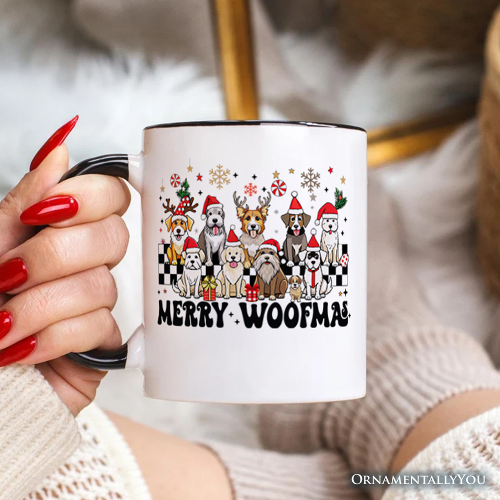 Merry Woofmas Dog Mama Personalized Mug, Dogs With Santa Hats Christmas Gift with Custom Name