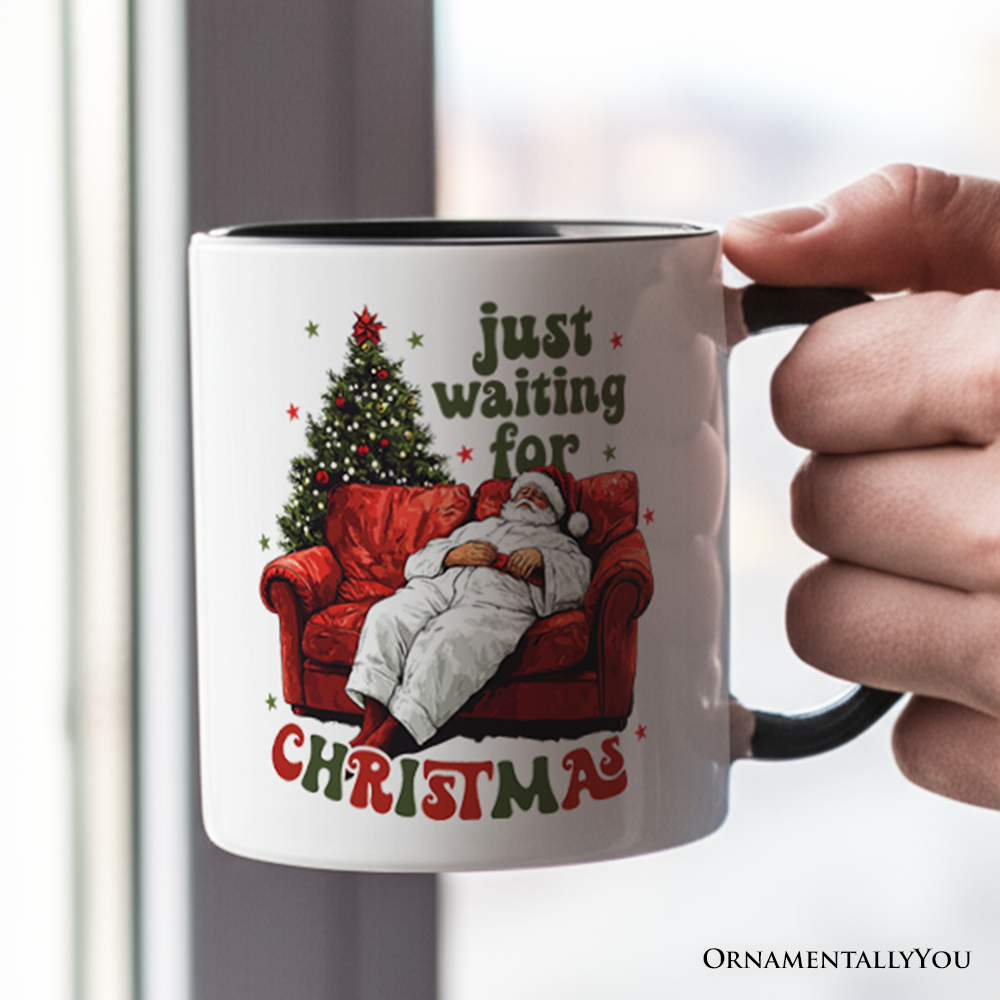 Funny Fat Santa Couch Personalized Mug, Just Waiting for Christmas Gift with Custom Name
