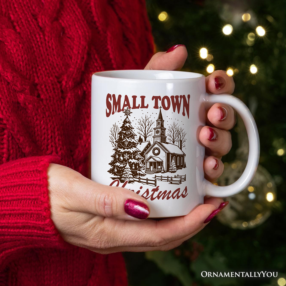 Small Town Christmas Vintage Personalized Mug, Rustic Winter Church Gift with Custom Name