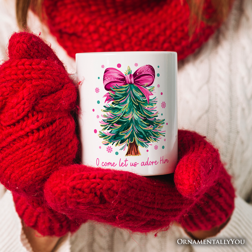 Glitter Christmas Tree Coquette Bow Personalized Mug, O Come Let Us Adore Him Holiday Gift with Custom Name