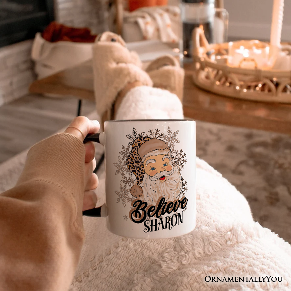 Believe Santa Cheetah Leopard Personalized Mug, Retro Christmas Gift with Custom Name