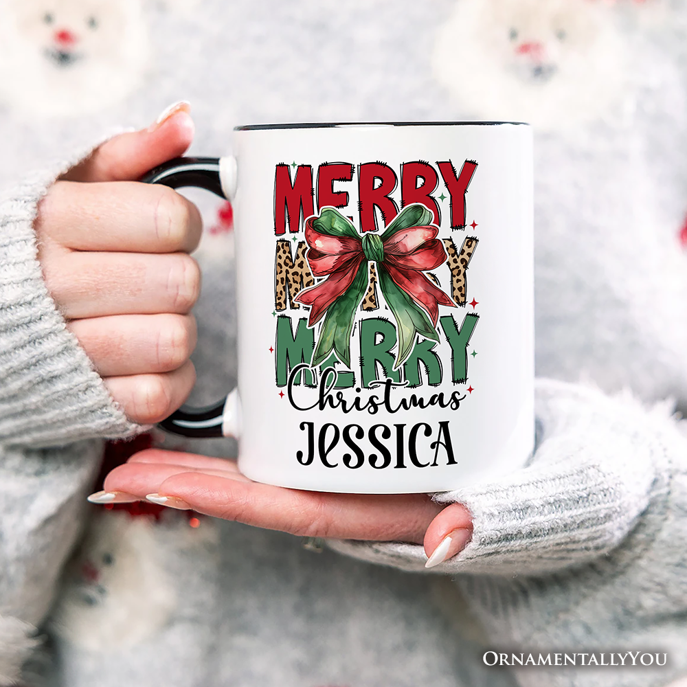 Coquette Merry Christmas Bow Personalized Mug, Festive Leopard Holiday Gift with Custom Name