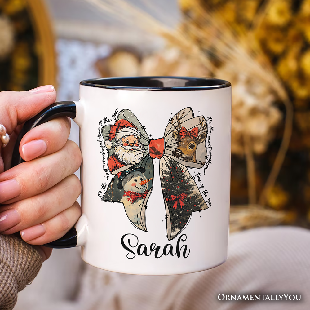 Coquette Christmas Bow Personalized Mug, It's Most Wonderful Time Of The Year Vintage Gift with Custom Name