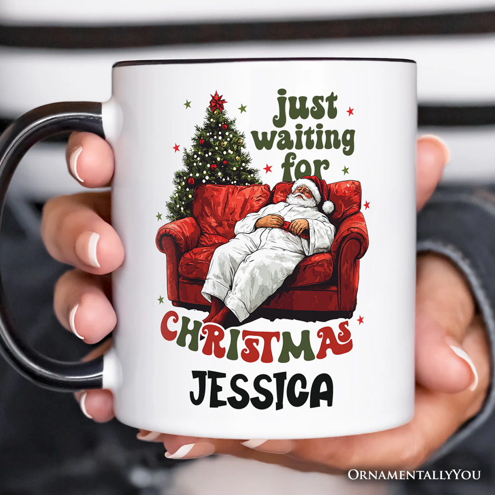Funny Fat Santa Couch Personalized Mug, Just Waiting for Christmas Gift with Custom Name