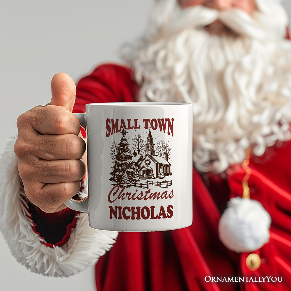 Small Town Christmas Vintage Personalized Mug, Rustic Winter Church Gift with Custom Name
