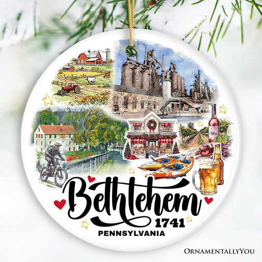 Artistic Bethlehem City Ceramic Watercolor Ornament, Pennsylvania State Colonial and Industrial Christmas Gift