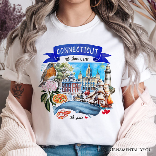Artistic Connecticut State Themes and Landmarks T-Shirt, Tee for History and Travel Lovers