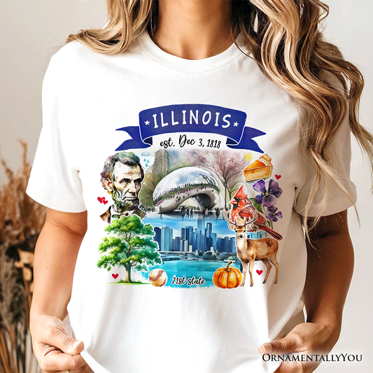 Artistic Illinois State Themes and Landmarks T-Shirt, Tee for History and Travel Lovers