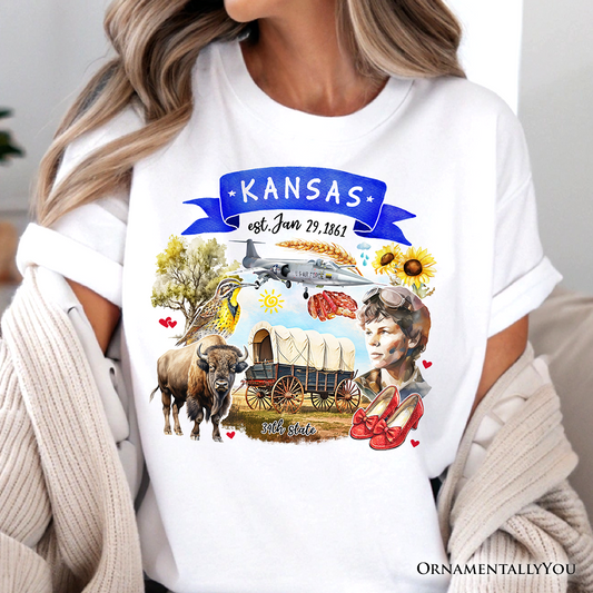 Artistic Kansas State Themes and Landmarks T-Shirt, Tee for History and Travel Lovers