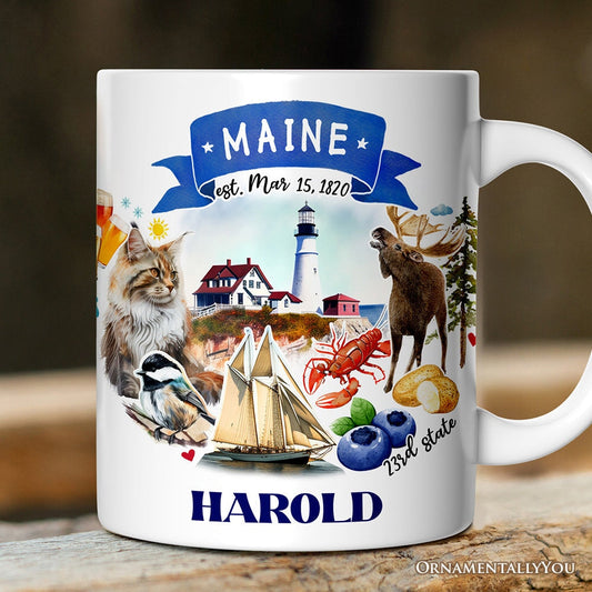 Artistic Maine State Themes and Landmarks Personalized Mug With Custom Name