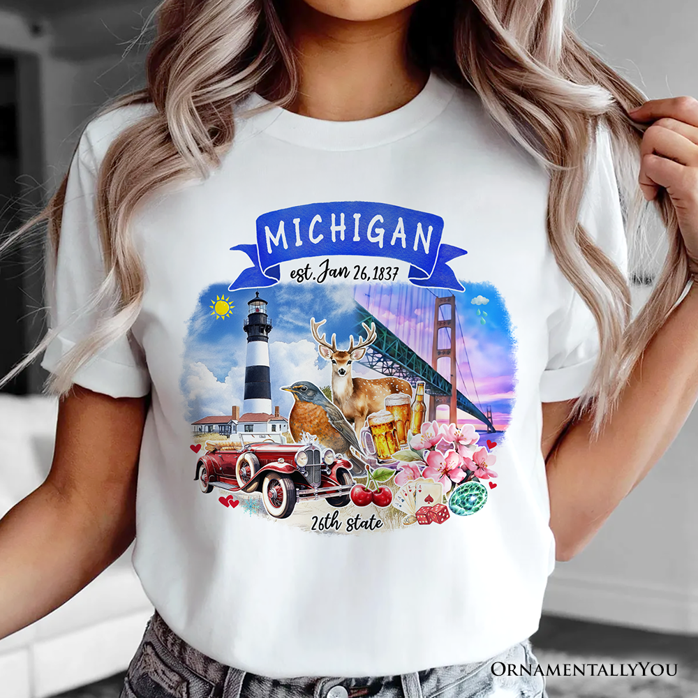 Artistic Michigan State Themes and Landmarks T-Shirt, Tee for History and Travel Lovers