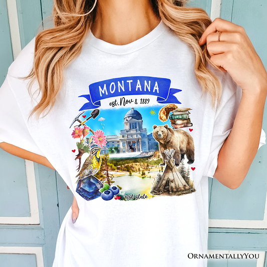 Artistic Montana State Themes and Landmarks T-Shirt, Tee for History and Travel Lovers