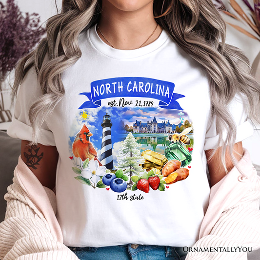 Artistic North Carolina State Themes and Landmarks T-Shirt, Tee for History and Travel Lovers