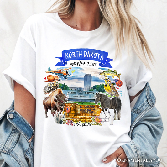 Artistic North Dakota State Themes and Landmarks T-Shirt, Tee for History and Travel Lovers