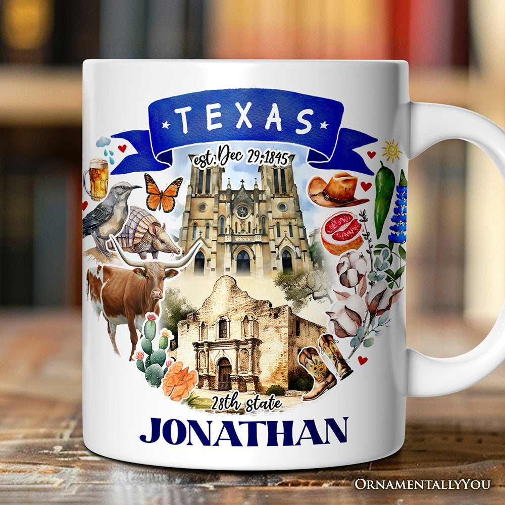 Artistic Texas State Themes and Landmarks Personalized Mug With Custom Name
