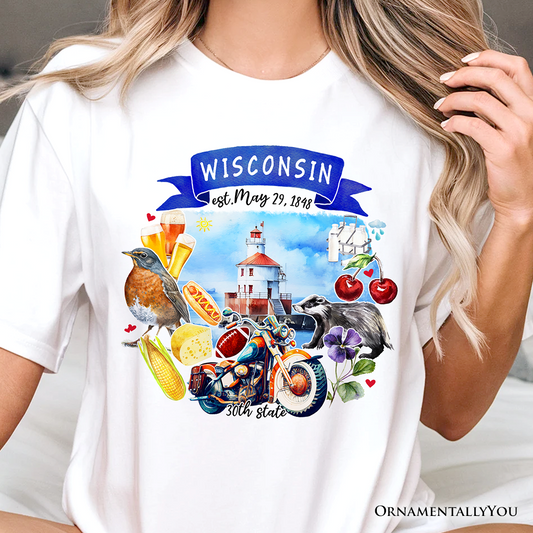 Artistic Wisconsin State Themes and Landmarks T-Shirt, Tee for History and Travel Lovers