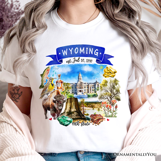 Artistic Wyoming State Themes and Landmarks T-Shirt, Tee for History and Travel Lovers