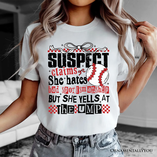 Baseball Suspect Claims Fun T-Shirt, Retro White and Natural Tee With Coquette Bow