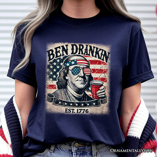 Ben Drankin Funny 4th of July T-Shirt, White, Navy and Black Patriotic Tee With Benjamin Franklin