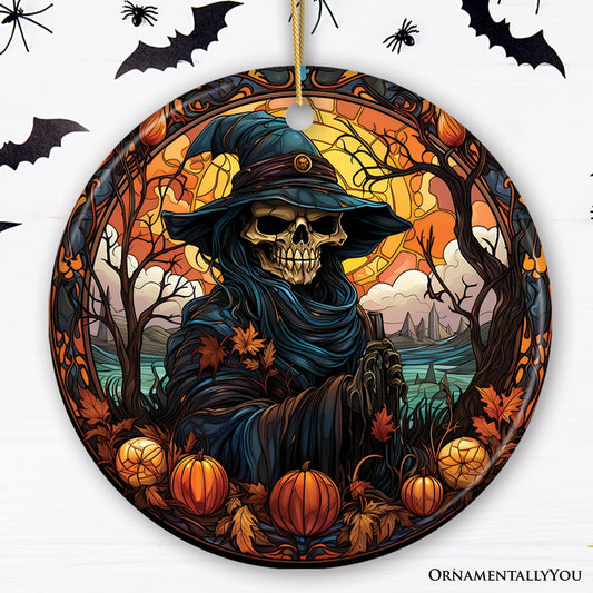 Bewitching Skeletal Sorcery Stained Glass Style Ceramic Ornament, Halloween Themed Christmas Gift and Decor