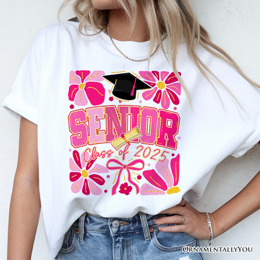 Boho Senior 2025 T-Shirt, Pink Floral Graduation White Tee for Proud and Stylish Students