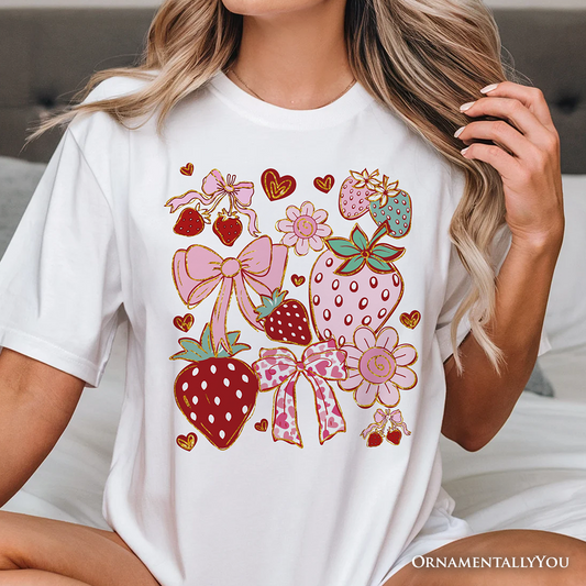Boho Strawberry Coquette T-Shirt, Cute Bow and Floral White and Natural Tee for Sweet and Stylish Women