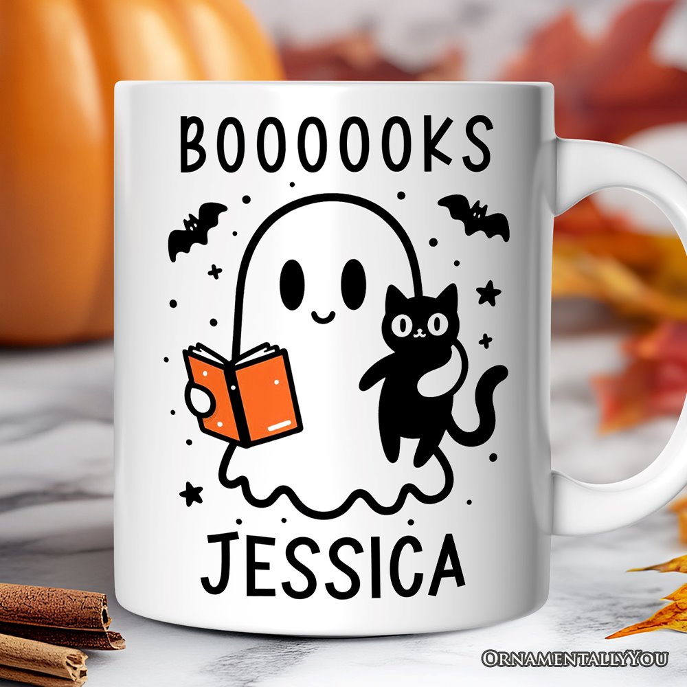 Boooooks and Purrs, Personalized Halloween Mug, Cute Books and Cats Lover Ghost Gift with Custom Name
