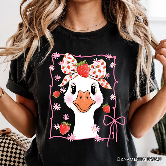 Coquette Goose with Strawberry Bow T-Shirt, Navy, Black and White Cute Tee
