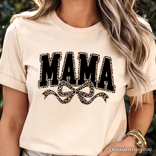 Coquette Leopard Mama T-Shirt, Retro Bow Varsity Tee for Trendy Moms