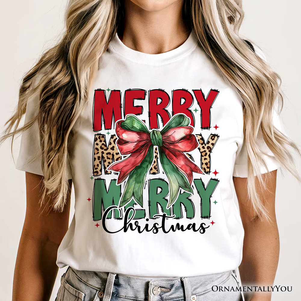 Coquette Merry Christmas Bow T-Shirt, Festive Leopard Holiday Tee