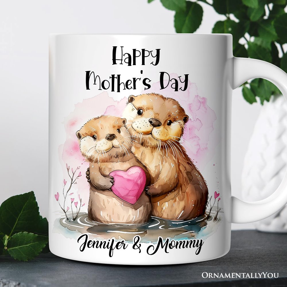 Cute Otters Mother’s Day Themed Custom Mug, Personalized Art Animal Mom and Daughter Gift