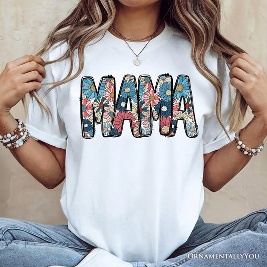 Daisy Floral Mama T-Shirt, Colorful Retro White Tee for Stylish and Cheerful Women