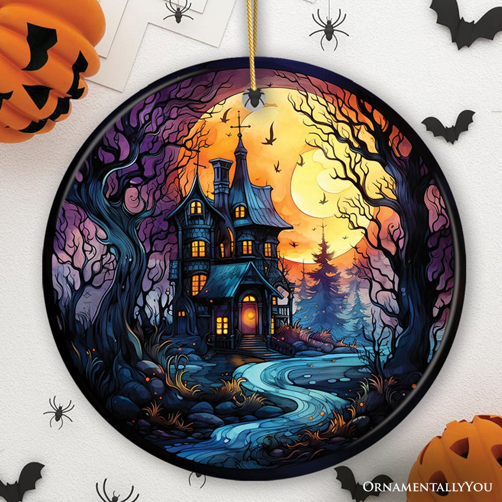 Eerie Abode Amidst Spooky Trees Stained Glass Style Ceramic Ornament, Halloween Themed Christmas Gift and Decor