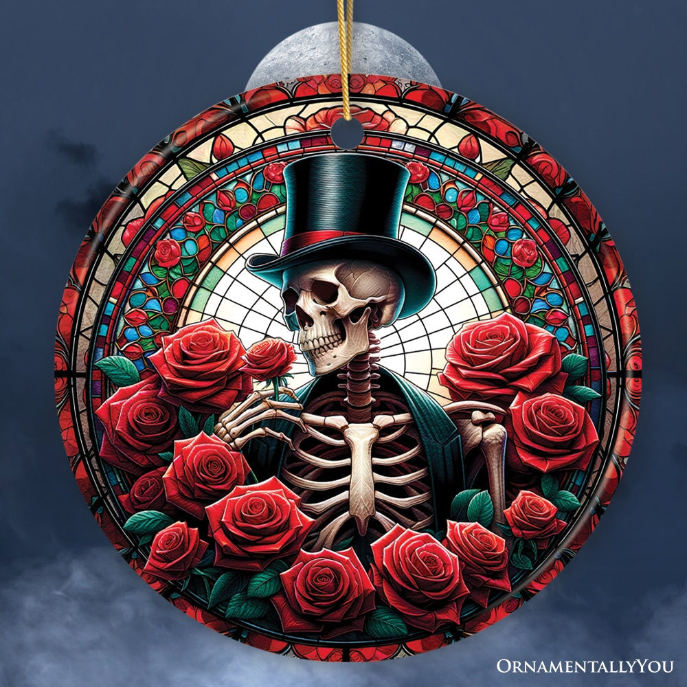 Elegant Bones Top-Hat Skeleton with Roses Stained Glass Style Ceramic Ornament, Halloween Themed Christmas Gift and Decor