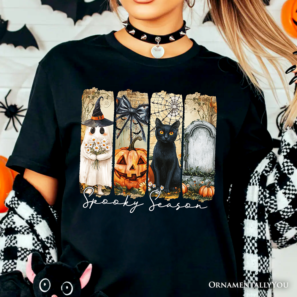 Fall Spooky Season Brushstroke T-Shirt, Coquette Vintage Ghost, Cat and Pumpkin Tee