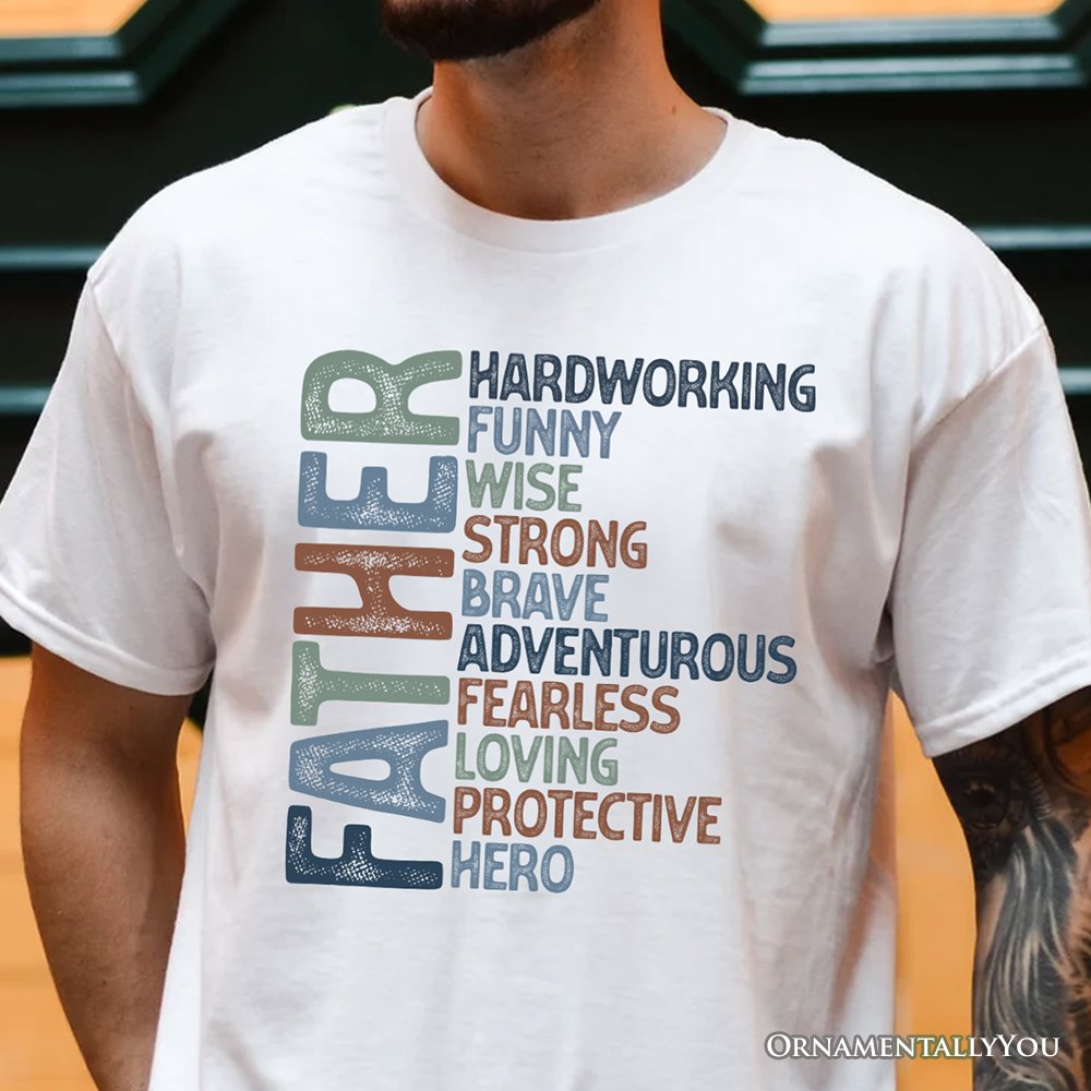 Father Definition T-Shirt, White and Natural Inspirational Tee for Hero Dad