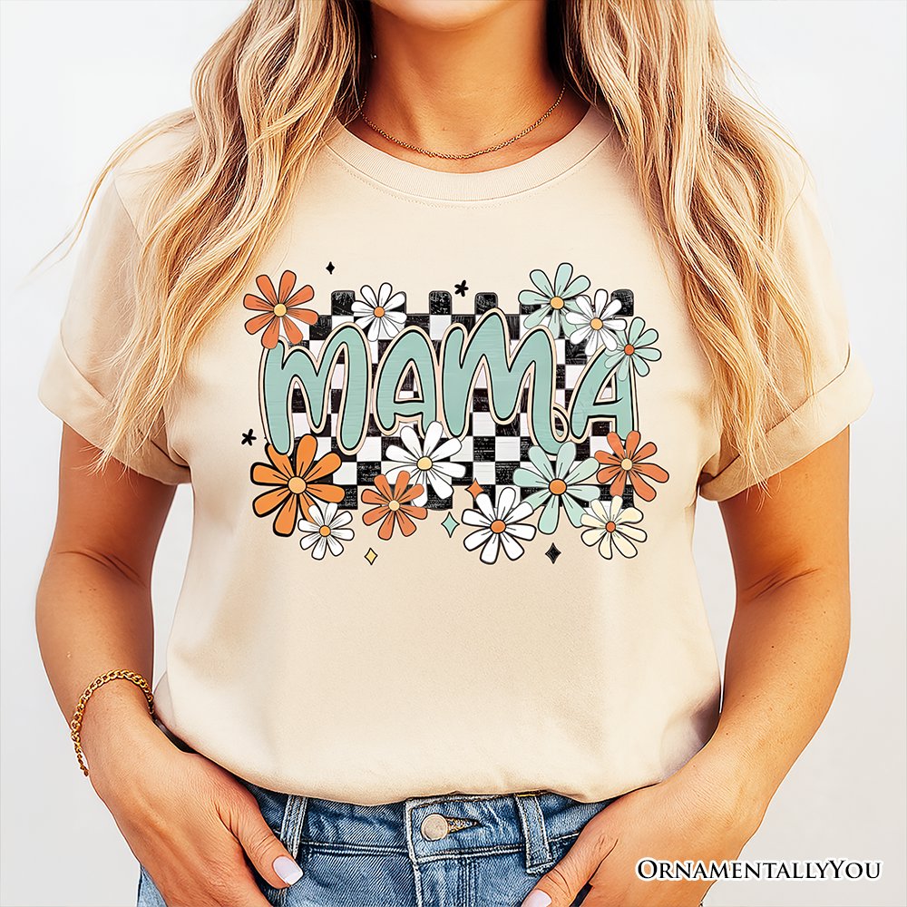 Floral Mama Checkered T-Shirt, White, Natural and Black Retro Tee for Stylish Mothers